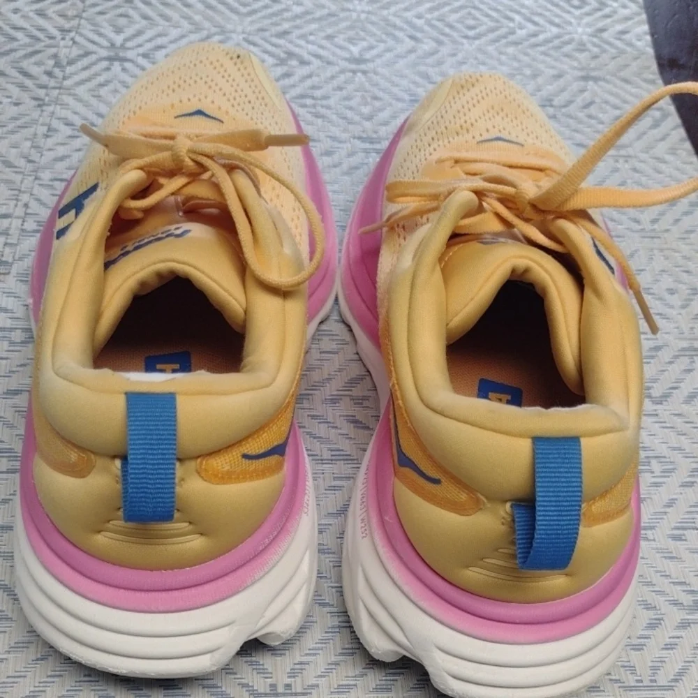 Hoka One One Bondi 8 Women's Yellow and Pink Running Shoes - Picture 9 of 14